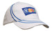 A white cap with blue line embroidery and a colourful logo on the front.