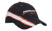 A navy blue cap with white and orange stripes, featuring a logo on the front.