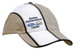 A beige and white cap featuring embroidery stripes and a branded logo on the front, with a sandwich peak design. A beige and white cap featuring embroidery stripes and a branded logo on the front, with a sandwich peak design.