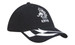 A black cap with an embroidered logo and a patterned brim. Features a curved peak and adjustable strap at the back.