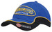 A blue cap with black trim and yellow piping, featuring a logo on the front and another on the brim. A blue cap with black trim and yellow piping, featuring a logo on the front and another on the brim.