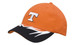 An orange cap with a black peak, featuring an embroidered logo and a distinctive design on the brim.