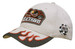 A light-coloured cap featuring a flame embroidery design and a logo detail on the front.