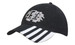 A black cap featuring a logo on the front and white striped accents on the peak.