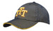 A navy cap with a mesh design and contrasting yellow stitching, featuring a logo on the front.