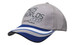 A grey cap with a blue brim featuring embroidered text and a logo.