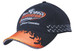 A black cap with flame embroidery on the peak and a side flag embroidery, featuring a logo on the front. A black cap with flame embroidery on the peak and a side flag embroidery, featuring a logo on the front.
