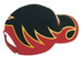 A black cap with red and yellow wave embroidery and a logo, featuring a rear strap for adjustment.