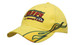 A yellow cap featuring flame embroidery on the peak and side, along with a logo.