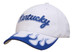 A white cap with a blue peak featuring flame designs, decorated with "Kentucky" embroidered in blue. A white cap with a blue peak featuring flame designs, decorated with "Kentucky" embroidered in blue.