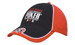 A black and red cap with a logo, featuring a peak indent and piping details.