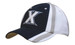 A navy and white cap featuring indented contrasting panels and a logo on the front.