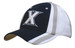 A navy blue and white cap with indented contrasting panels and a logo on the front. A navy blue and white cap with indented contrasting panels and a logo on the front.