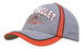 A grey cap with red piping and peak, featuring an embroidered logo and crown indents.