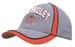 A grey cap with red piping, featuring a logo and racing-themed graphics on the front.