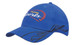 A blue cap featuring swirl embroidery and a logo on the front. It has a curved brim and a casual design.