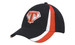 A black cap with a red and white striped design, featuring an embroidered logo on the front.