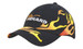 A black cap featuring vibrant allover flame embroidery in orange and yellow, with a logo on the front.