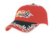 A red cap featuring flame embroidery on the peak and crown, with a logo on the front. A red cap featuring flame embroidery on the peak and crown, with a logo on the front.