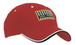 A red cap with a double peak trim and a logo featuring dots and the phrase "Girl Power."