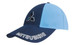 A cap featuring a two-tone blue design with a dark navy peak and logo. It has a branding element on the front.
