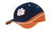 A navy blue and orange cap with a logo on the front and a contrasting peak. It features a sandwich-style design.