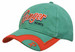 A green cap with an embroidered logo and trim in orange. It features a peak indent design. A green cap with an embroidered logo and trim in orange. It features a peak indent design.