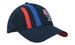 A navy cap featuring red and blue stripes, with a logo on the front and a contrasting underside of the brim.
