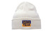 A white acrylic beanie with a folded cuff, featuring an embroidered logo in blue and yellow.