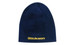 A navy acrylic beanie with a logo on the front, featuring a snug, roll down design.