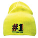 A bright yellow beanie with a knitted texture and a logo featuring the number one and other letters. A bright yellow beanie with a knitted texture and a logo featuring the number one and other letters.