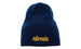 A deep navy cable knit beanie featuring a logo in yellow at the front.