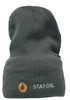 A grey cable knit beanie with a logo and text on the front. A grey cable knit beanie with a logo and text on the front.