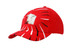 A red cotton cap featuring embroidered lines on the crown and peak, with a logo on the front. A red cotton cap featuring embroidered lines on the crown and peak, with a logo on the front.