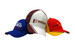 A collection of three caps in blue, white, and red, featuring various logos and embroidered designs.