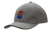 A grey cap with a structured design and a sandwich trim, featuring a logo on the front.