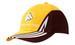 A yellow and brown cap featuring an embroidered design and a logo, with a sporty peak and side stripes.