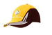 A yellow and brown cap featuring an embroidered design on the crown and peak, with a logo and fabric insert. A yellow and brown cap featuring an embroidered design on the crown and peak, with a logo and fabric insert.