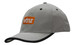 A grey cap with a peak trim and an orange logo. Suitable for casual wear or promotional events.