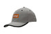 A grey cap with a peak trim and an orange logo on the front.