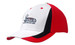 A red and white cap with fabric inserts and a logo on the front.