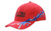 A red cap featuring splash embroidery on the crown and peak, with a logo on the front.