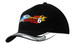 A black cap with an embroidered design on the peak, featuring a logo and colourful flame accents.