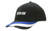 A black cap with white and blue fabric stripes and embroidery on the peak, featuring a logo.