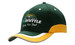A green and yellow cap featuring a logo and trim details on the crown and peak.