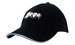 A black cap featuring a logo and sandwich trim, made from brushed heavy cotton and spandex.