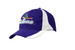 A purple and white cap featuring fabric inserts on the crown and peak, with a logo on the front. A purple and white cap featuring fabric inserts on the crown and peak, with a logo on the front.