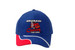 A blue cap with red accents, featuring an embroidered logo on the front. A blue cap with red accents, featuring an embroidered logo on the front.