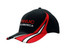 A black and red cap featuring fabric inserts and embroidery on the crown and peak, with a logo present. A black and red cap featuring fabric inserts and embroidery on the crown and peak, with a logo present.