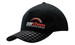 A black cap featuring a check embossed nubuck peak and a logo. Ideal for headwear promotion.